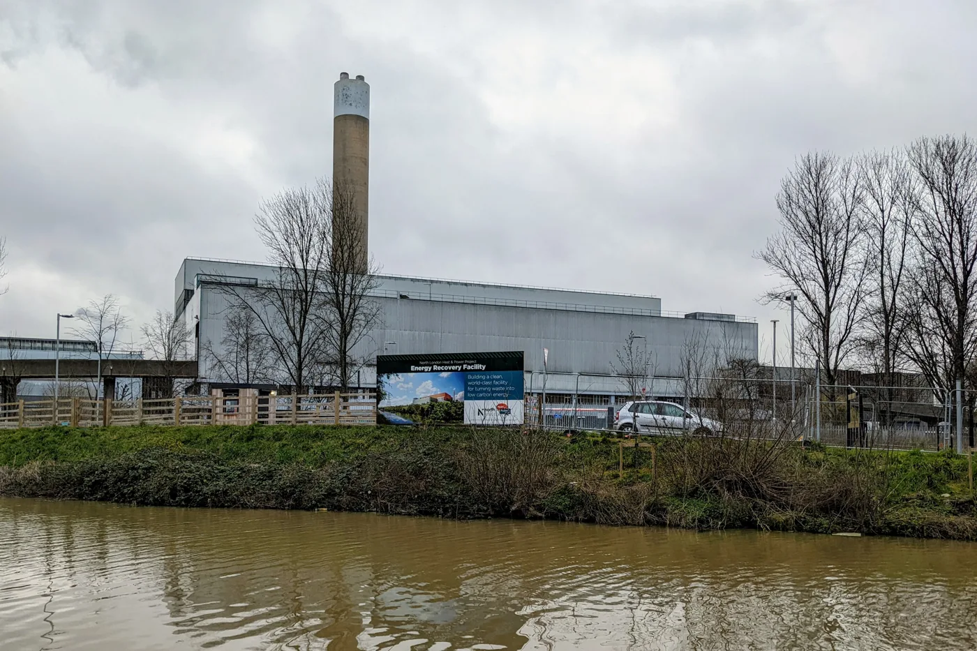 The Edmonton EcoPark, seen from the River Lee Navigation. Energetik's new energy centre on the site is built and waiting for the replacement waste plant, now due in 2031/32